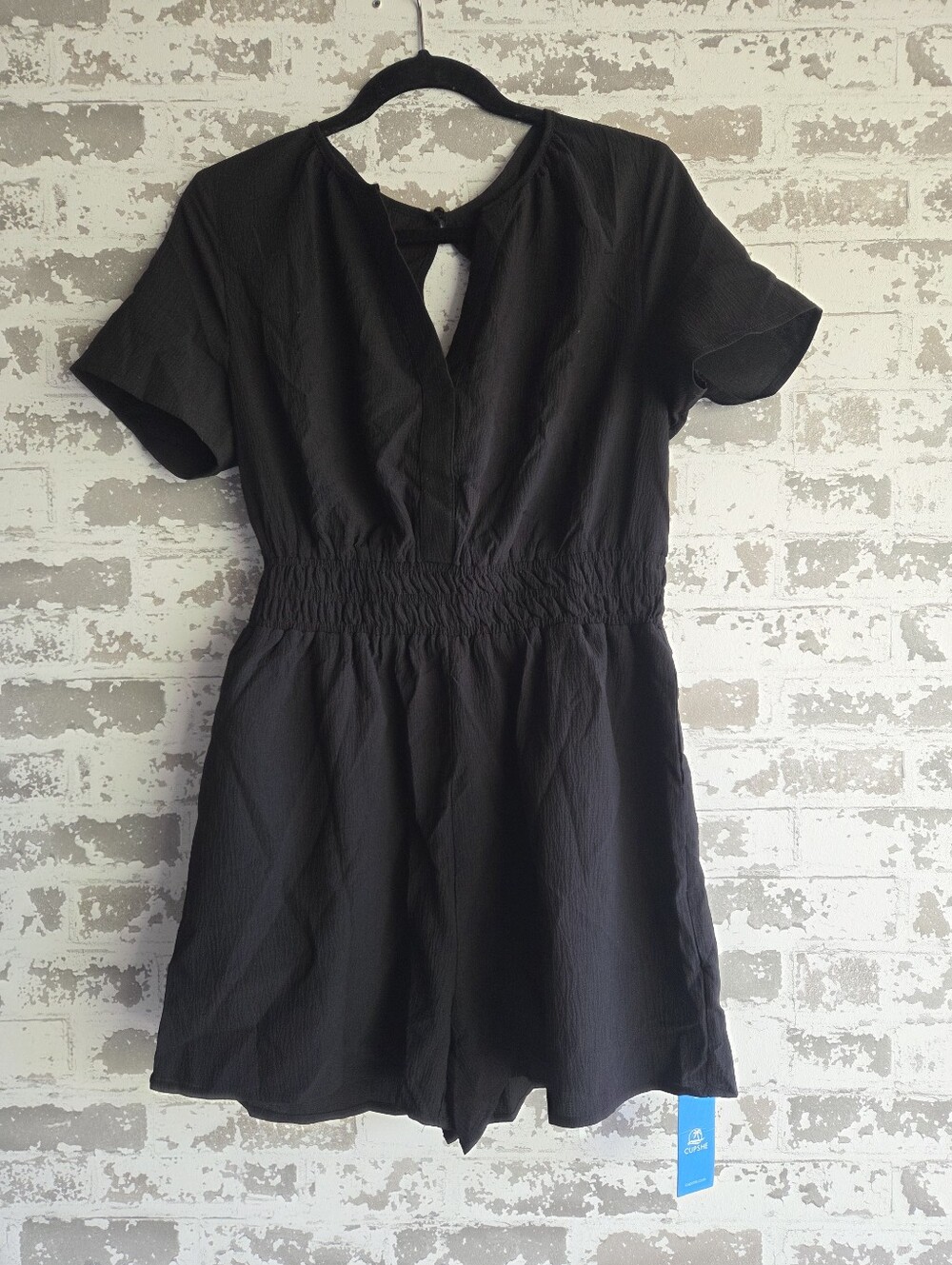 Cupshe Black V-Neck Short Sleeve Romper Smocked Waist Large NWT